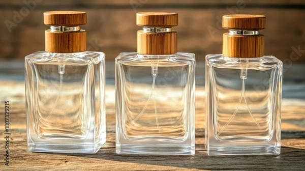 Fototapeta Clear perfume bottles displayed on a wooden surface with detail