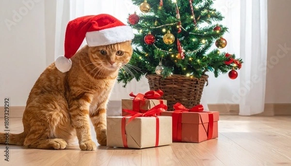 Fototapeta A ginger cat in Santa hat sitting near wrapped gifts and a decorated Christmas tree in a cozy room.