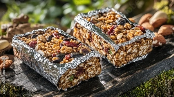 Fototapeta Two compact energy bars wrapped in foil sit on a wooden surface with blurred natural green foliage in the background