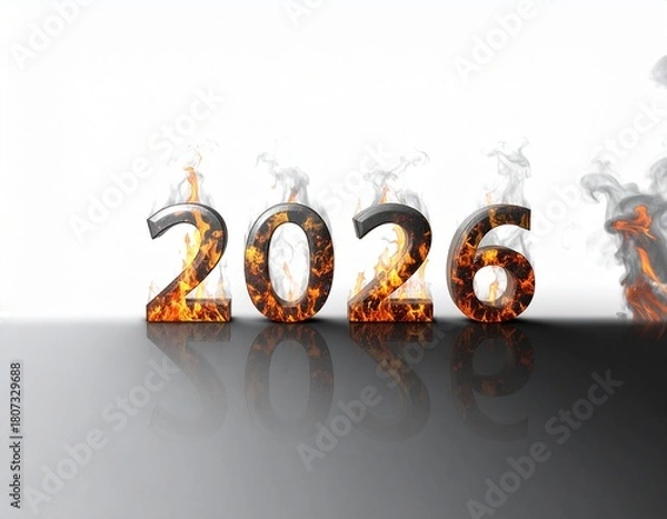 Fototapeta 2026 in 3D Flaming Typography with Smoke and Reflections