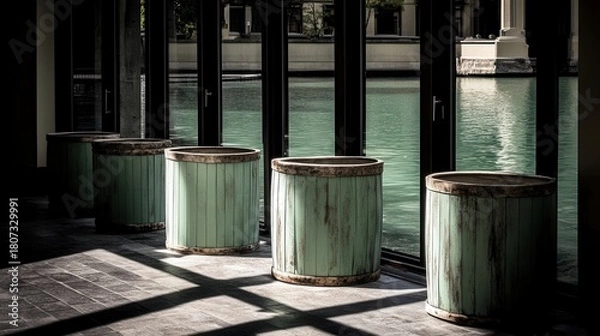 Fototapeta Vintage wooden planters with metal bands arranged near a water feature and large windows