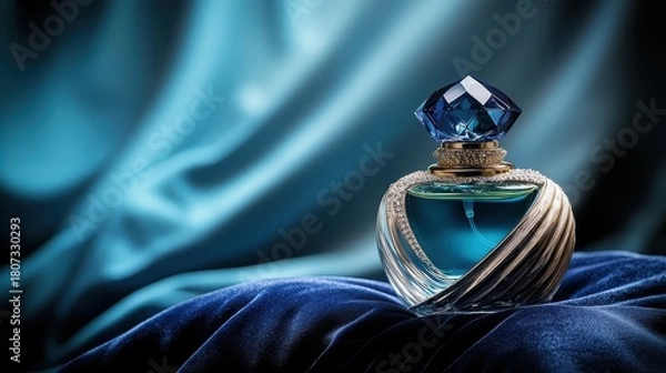 Fototapeta Close up of a luxurious perfume bottle on a blue velvet surface