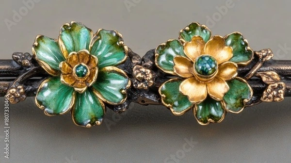 Fototapeta Close up of a luxurious flower design with gold and green enamel