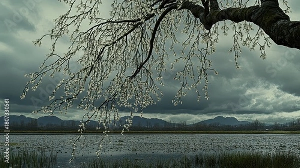 Obraz Weeping willow branches droop heavily over a calm body of water under a cloudy sky with distant mountains