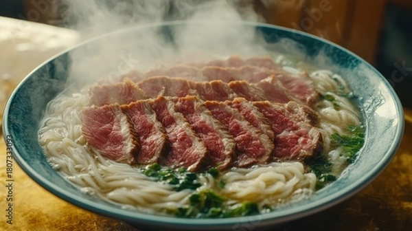 Fototapeta Close up of delicious Vietnamese Pho served in a steaming bowl