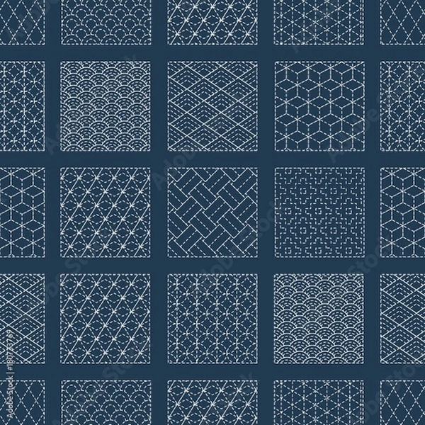 Obraz Sashiko seamless indigo dye pattern with traditional white Japanese embroidery