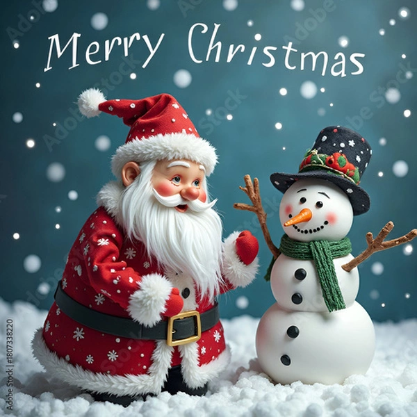 Fototapeta A picture of Santa and snowman with a merry Christmas written on the top
