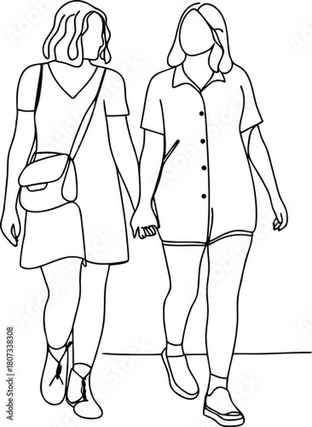 Obraz Two women walking together holding hands line art