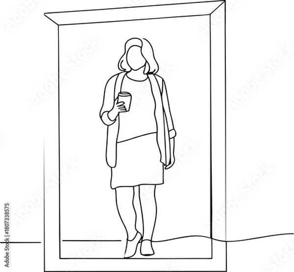 Obraz Woman in bus stop drinking coffee outline