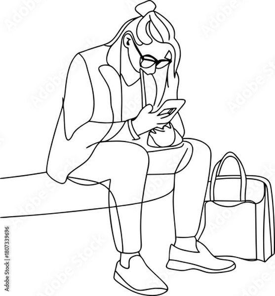 Obraz Woman using phone minimalist vector line art