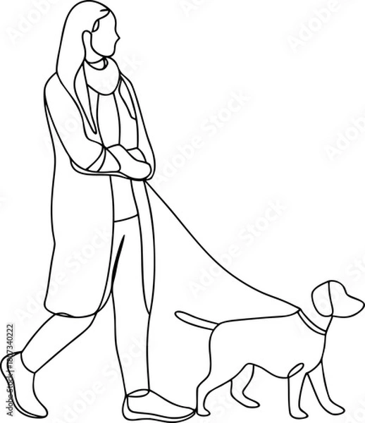 Obraz Woman Walking Dog Continuous Line Minimalist Style