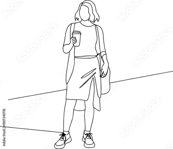 Obraz Woman with coffee line art illustration vector