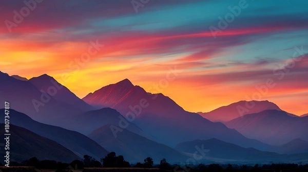 Fototapeta High quality image of colorful sunset over the mountains with vibrant orange and purple hues.