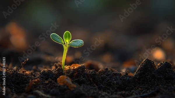 Fototapeta High quality image of tiny green sprout emerging from the dark soil in the early morning light.