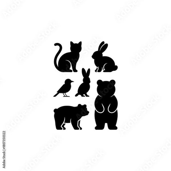 Obraz  cute animal silhouettes cat, rabbit, bird, bear, solid black, vector, white background