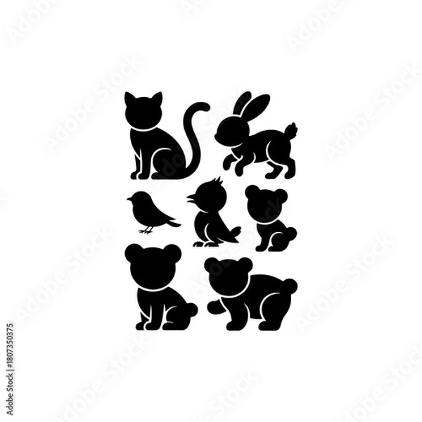 Obraz  cute animal silhouettes cat, rabbit, bird, bear, solid black, vector, white background