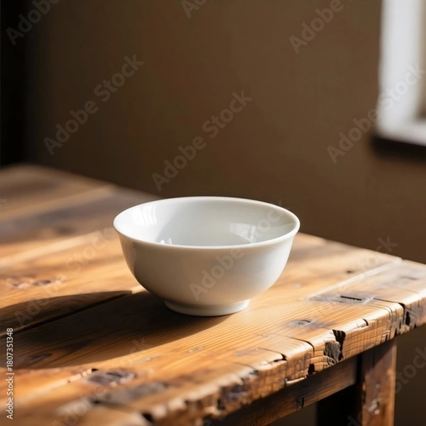 Obraz Contrast Styling: Glossy White Ceramic Bowl on Rustic Distressed Wooden Table Surface