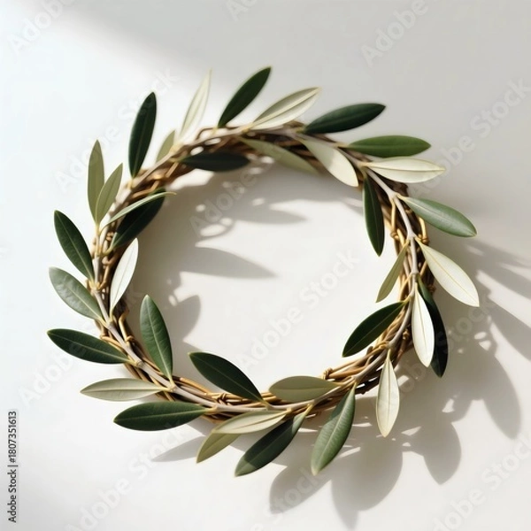 Obraz Minimalist Botanical Print: Single Olive Branch Wreath Ring on Clean White Background
