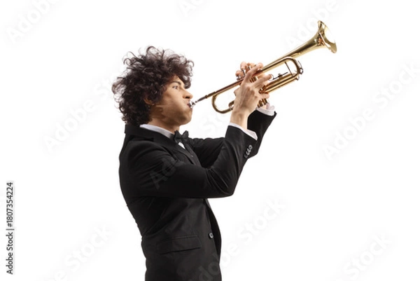 Obraz Male musician in a black suit playing a trumpet
