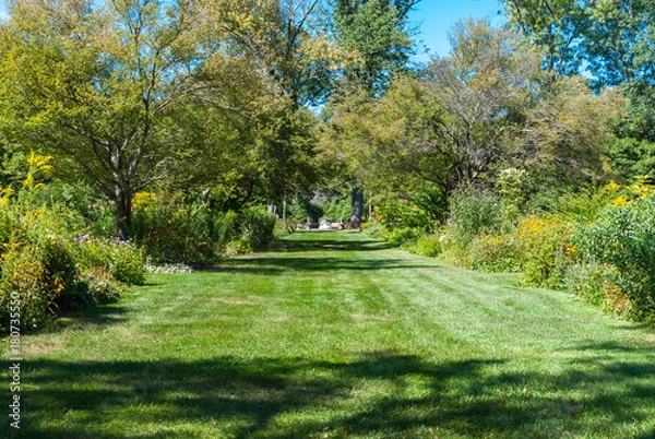 Obraz Garden path area. Open botanical garden path on grass. Grass and nature open pathway. Minimal nature background
