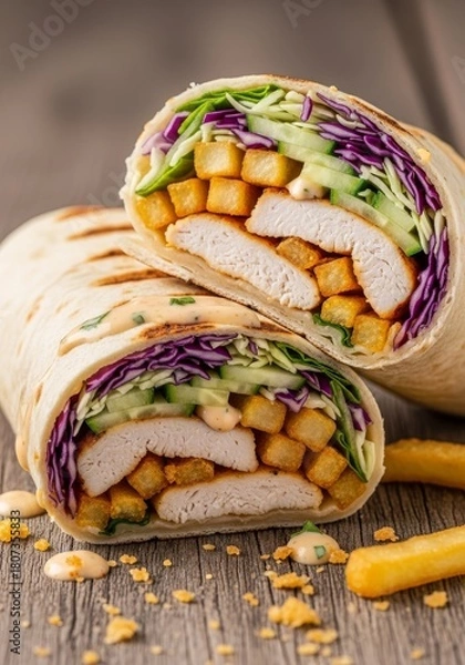 Fototapeta Delicious Chicken Wrap with Fries - A savory chicken wrap filled with fresh vegetables and crispy fries, showcasing balance, indulgence, freshness, texture, and satisfaction