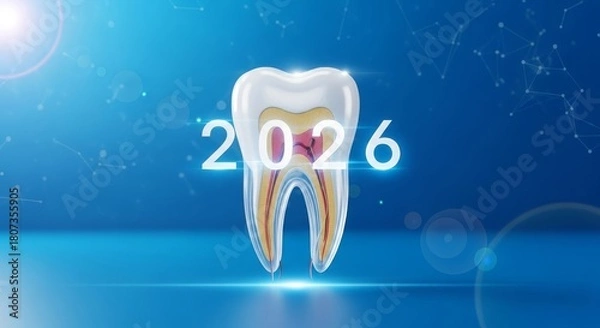 Fototapeta Dental Care and New Year 2026 Concept - A 3D tooth model with the year 2026 on a blue background, symbolizing dental health, future care, new beginnings, innovation, and technological advancement in