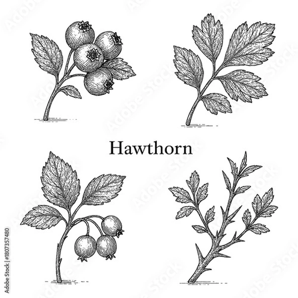 Obraz Hawthorn Plant, Berries, and Tea in Vintage Botanical Engraving Style Transparent Background