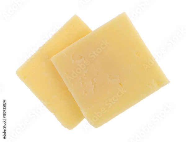 Obraz Widok z góry dwóch plasterków kwadratów ostrego sera cheddar samodzielnie na białym tle.