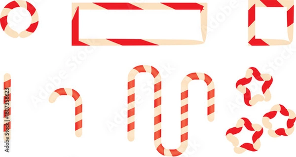 Fototapeta Christmas Candy Cane Striped Borders and Frames Vector Set (Sweet Festive Decoration Elements)