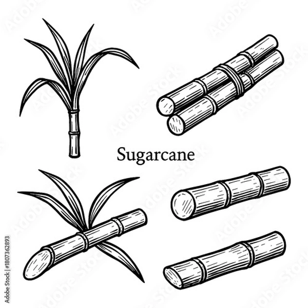 Obraz Sugarcane Stalks, Leaves, and Cross-Section in Vintage Botanical Engraving Style, Transparent Background