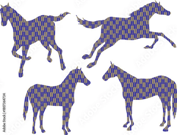 Obraz 馬　和柄矢絣模様　シルエットイラスト　セット