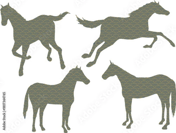 Obraz 馬　和柄青海波　シルエットイラスト　セット