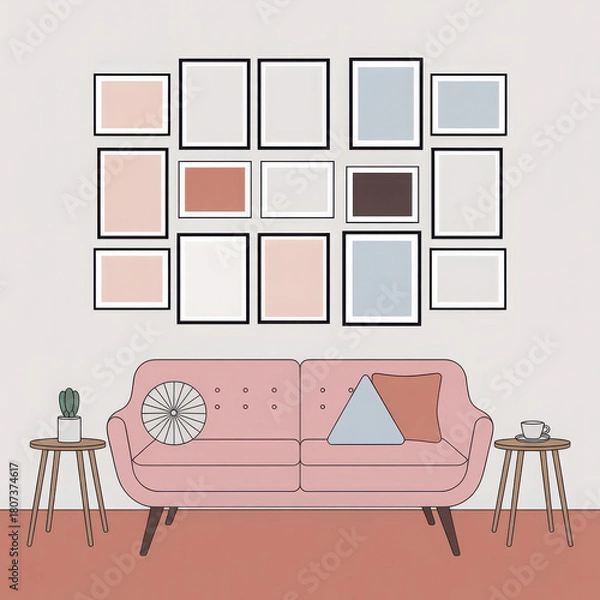 Obraz Minimalist living room with pink sofa and gallery wall 