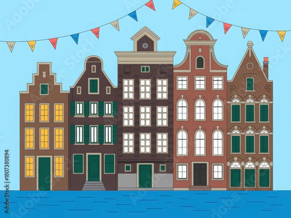Obraz 3d rendered illustration of traditional canal houses with flags