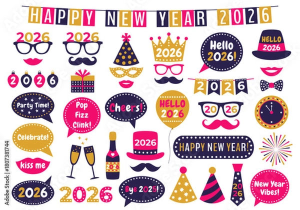 Fototapeta New Year 2026 photo booth props set with hats, glasses, crowns, speech bubbles, champagne, and party elements