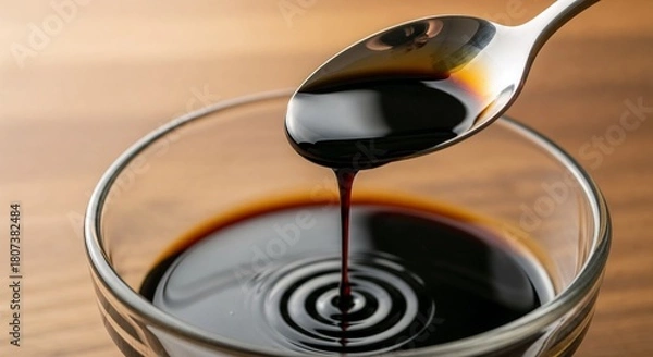 Fototapeta Dripping artisanal vinegar in glass bowl on wooden background with copy space