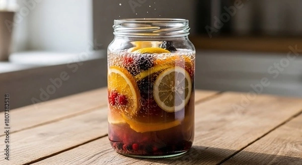 Obraz Jar of fruit-infused artisanal vinegar on wooden table with natural light