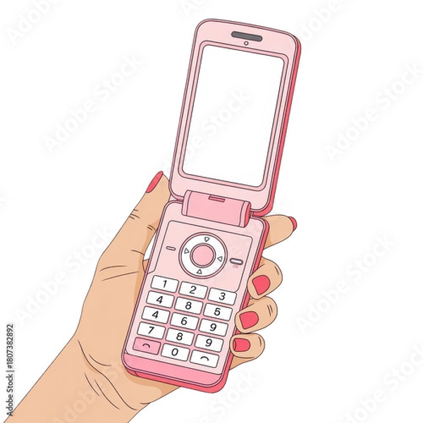 Fototapeta Pink flip phone held by hand isolated on transparent background