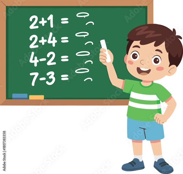 Obraz Cartoon boy solving math problems on chalkboard, happy child learning arithmetic in classroom, educational school illustration for kids learning