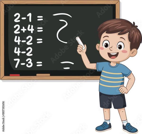 Obraz Cartoon boy solving math problems on chalkboard, happy child learning arithmetic in classroom, educational school illustration for kids learning