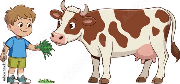 Fototapeta Cartoon boy feeding cow with fresh grass, friendly farm animal interaction illustration showing child caring for livestock in countryside setting