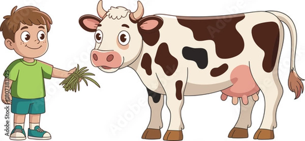 Fototapeta Cartoon boy feeding cow with fresh grass, friendly farm animal interaction illustration showing child caring for livestock in countryside setting