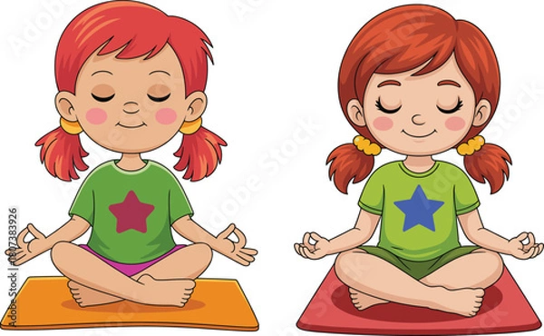 Obraz Calm cartoon girl practicing yoga meditation on mat, peaceful child sitting cross legged in mindfulness pose, relaxing kids wellness illustration