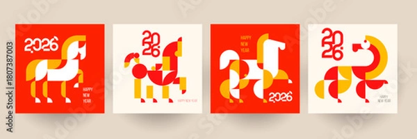 Obraz Modern template design with silhouette horse in fashion minimalist style. Chinese new year 2026. Set holiday background for cover, invitation, poster, banner, flyer, placard. Vector illustration.