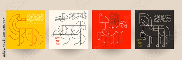 Obraz Chinese new year 2026. Set holiday background for cover, invitation, poster, banner, flyer, placard. Modern template design with silhouette horse in fashion minimalist style. Vector illustration.