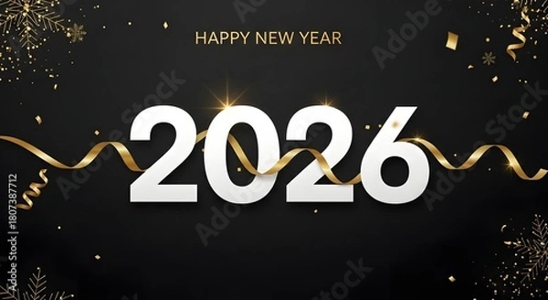 Fototapeta Happy new year 2026 greeting with gold confetti and ribbons on dark background