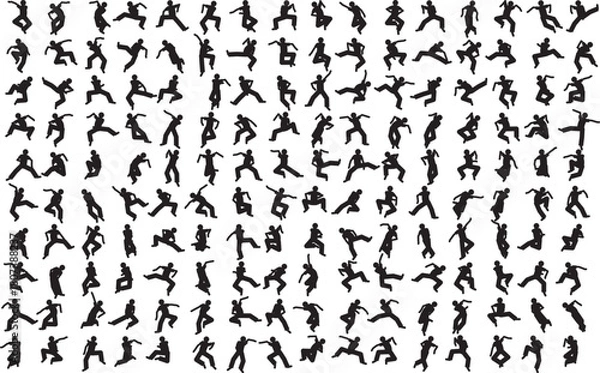 Fototapeta Hand made Collection of dynamic action poses silhouettes of people in various movements perfect for sports and fitness related designs