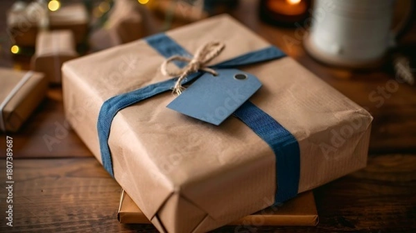 Obraz Thoughtfully wrapped parcel featuring a deep blue ribbon and customizable tag on a cozy wooden table