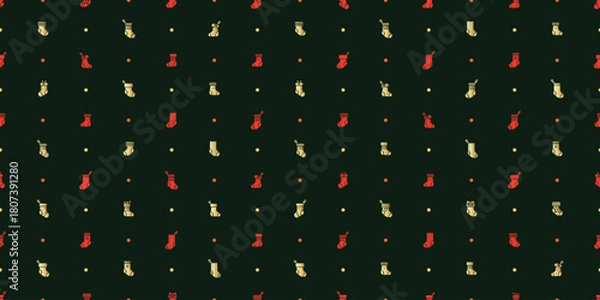 Fototapeta Christmas seamless pattern with cute red and gold stocking on a dark green background.