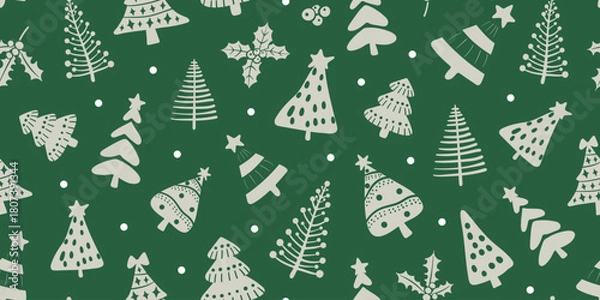 Obraz Christmas seamless pattern with cute Christmas trees and festive decorations on a green background.